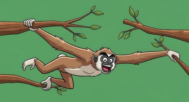 Cartoon Monkey Swinging Between Tree Branches in Jungle Scene