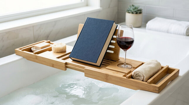 Luxury Bamboo Bathtub Caddy Tray with Book, Wine Glass, and Soap for Relaxing Spa Bath