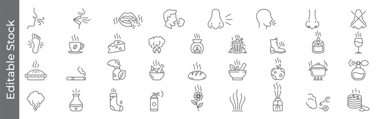 Sense of Smell, aroma and odor icon set – editable outline symbols of nose, scent, bad smell, good smell, perfume, food, smoke, flower and fragrance