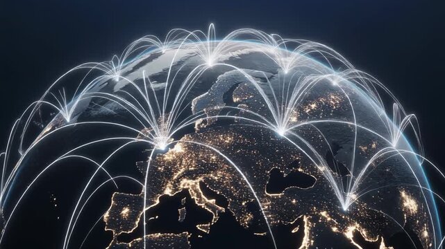 Planet Earth with Glowing Lines Representing Global Business Connections.
