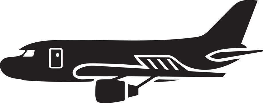 This striking black silhouette icon perfectly captures a passenger airplane in a dynamic side profile