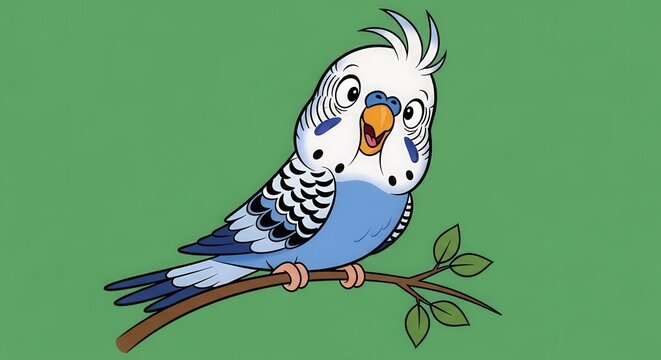 Colorful Cartoon Parakeet Singing and Perched on a Branch in a Vibrant Illustration