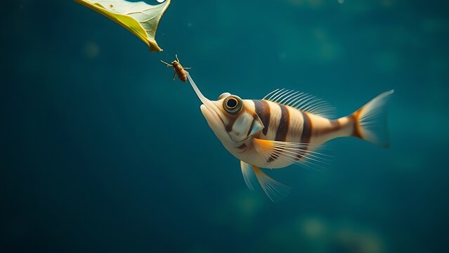 cyclotis. Archerfish aiming at an insect above the water surface. wildlife magazines, conservation campaigns, designed for nature documentaries and education, supports conservation.