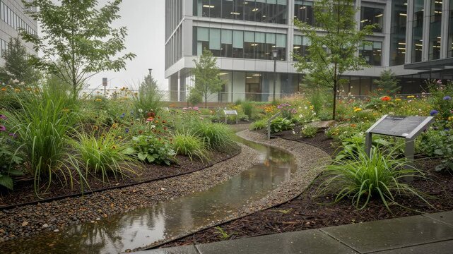 Urban rain garden with wildflowers trees and modern office building in background during rainy day