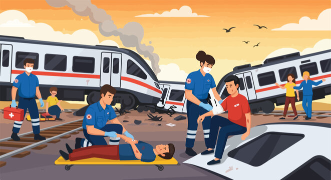 Train crash scene with first responders tending to injured individuals