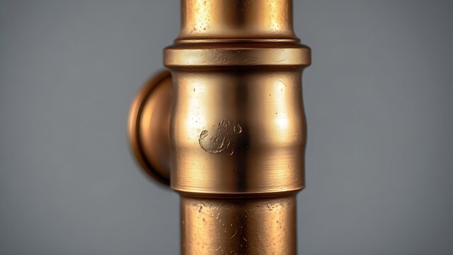 flippant. Close-up of a shiny brass joint connecting two copper pipes. safety posters, maintenance manuals, designed for industrial assembly lines and welding operations, used by engineers.