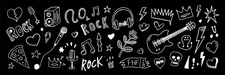 Hand drawn doodle music icons with rock elements lightning bolts graffiti tattoo style vector illustration isolated © Well Done