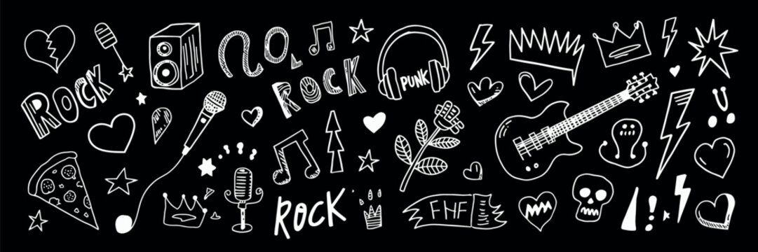 Hand drawn doodle music icons with rock elements lightning bolts graffiti tattoo style vector illustration isolated