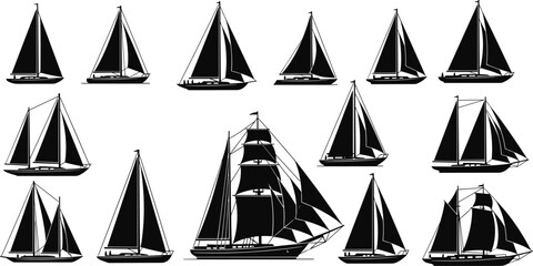 Set of sailboat silhouettes, nautical vessel icons, yachting and maritime transport symbols, sailing ship vector illustrations, ocean regatta travel graphic elements, isolated, sea. © MdFojlur
