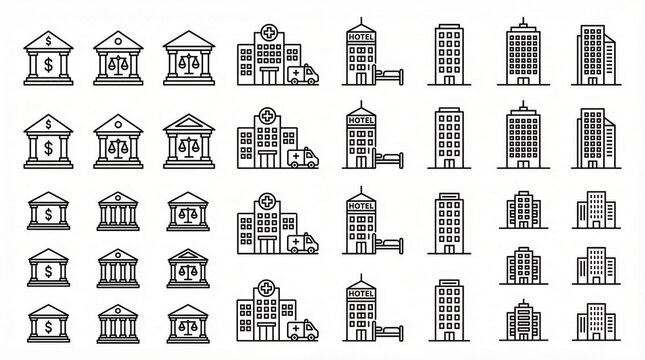 Monochrome building icons depicting banks, schools, offices, and government structures, symbolizing finance, education, and public services in grid.