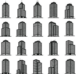 Set of black skyscraper silhouette icons featuring various modern office buildings and apartment towers isolated on white background for urban city skyline architectural design. © MdFojlur