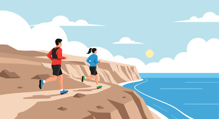 Two runners race along a coastal trail on a bright, cloudy day