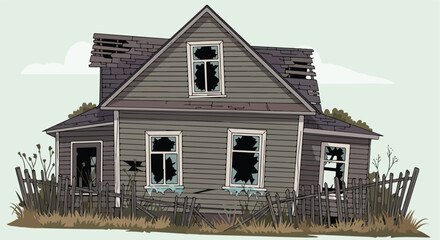 Dilapidated wooden house with broken windows, decaying fence, and overgrown weeds