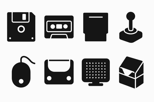 Retro Tech Icons. Old-school computer accessories. Filled icon set of old-school computer accessories: floppy
