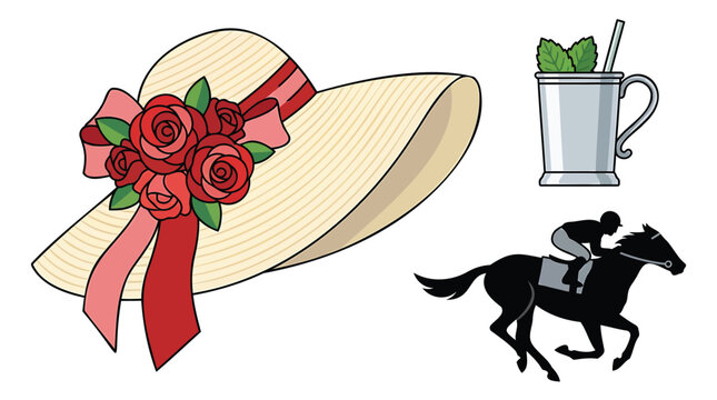 A horse and jockey are shown with a mint julep and hat adorned with roses.