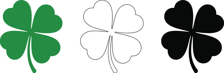 Three Four Leaf Clover Icons Green Outline and Black Silhouette on White shamrock luck