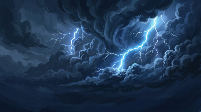 Dramatic Stormy Sky with Bright Lightning Bolts Illuminating Dark Clouds
