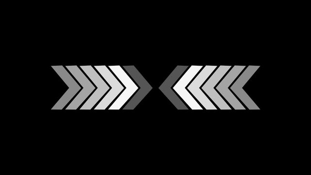 Minimal abstract chevron arrow pattern pointing toward the center with gradient grayscale tones on a black background, representing direction, motion, focus, and modern technology design.