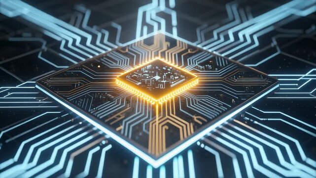 Close up of futuristic glowing computer microchip with circuit lines and technology concept background