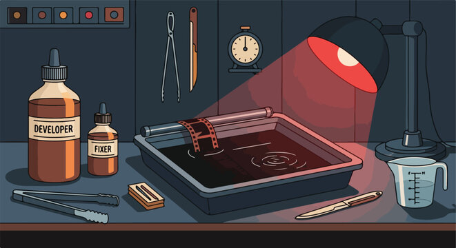 Darkroom setup for developing film with developer, fixer, and measuring tools