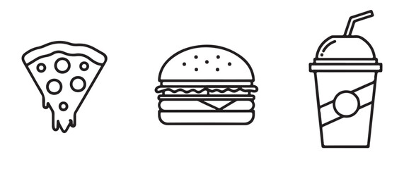 A simple line drawing of a slice of pizza, a hamburger, and a soft drink cup with a straw on a white background.