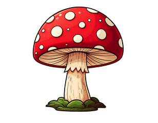 Isolated mushroom with a red cap and white spots, cute illustration of a toadstool