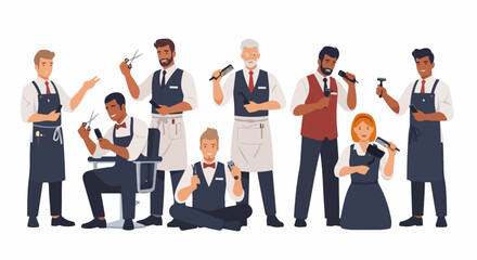 Obraz premium Diverse Group of Professional Barbers and Hairdressers with Tools and Equipment Vector Illustration Isolated on White Background