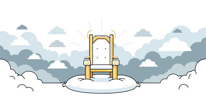 A golden throne rests on a fluffy cloud amidst a sky filled with clouds