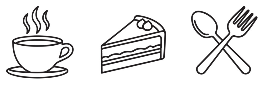 A simple line drawing of a cup of coffee, a slice of cake, and a crossed spoon and fork on a white background