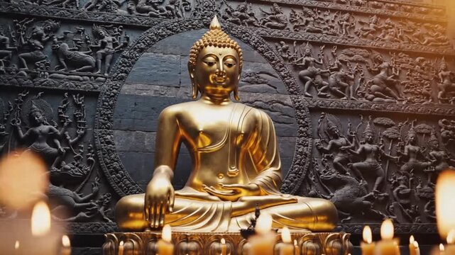 A serene golden Buddha statue sits cross-legged in meditation surrounded by candles.