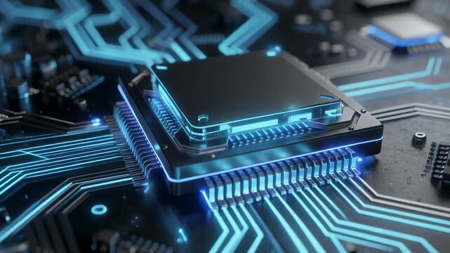 Close up of glowing microchip processor on motherboard with futuristic blue light circuit lines technology concept