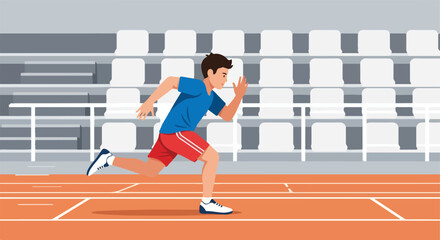 Obraz premium Young athlete sprinting on a track with stadium seating in the background