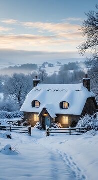Cozy Thatched Roof Cottage in a Snowy Winter Landscape at Dusk.