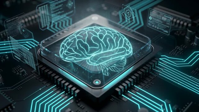 Futuristic artificial intelligence chip with holographic brain and digital data interface on circuit board