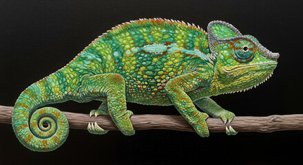 Fototapeta premium Vibrant Green Chameleon on a Branch Against Dark Background