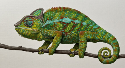 Naklejka premium Vibrant Chameleon Perched on a Branch with Stunning Colors and Patterns