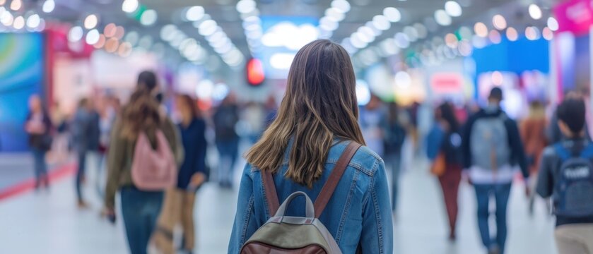  Back view of a woman with backpack walking through a busy job fair and career expo. Blurred background of a trade exhibition hall with glowing booths.