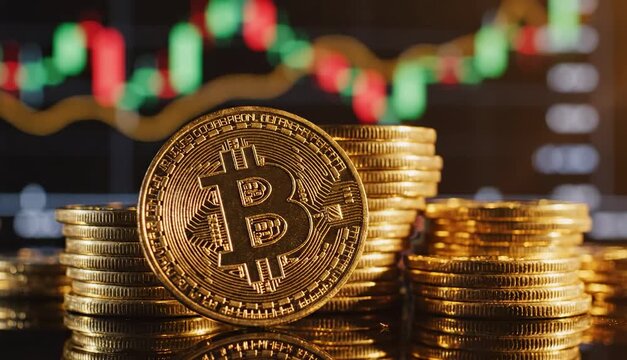 Golden bitcoin coins against blurred stock market chart with Japanese candlesticks. Concept of cryptocurrency investment, digital assets and crypto market volatility