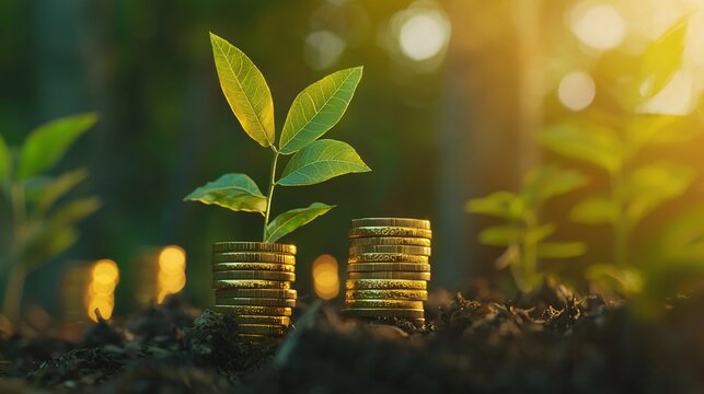 Green plants and gold coins accumulate and grow