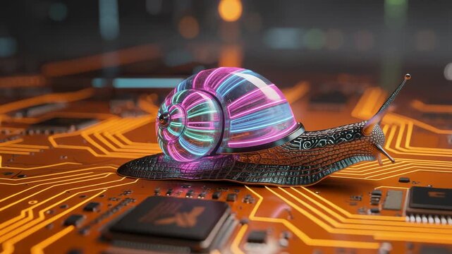 Futuristic neon glowing snail with transparent shell on electronic circuit board closeup