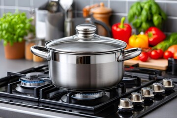 Stainless steel pot cooking on gas stove in kitchen