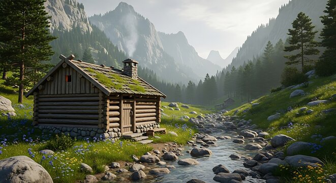 Rustic Log Cabin Nestled in a Serene Mountain Valley with a Flowing Stream.