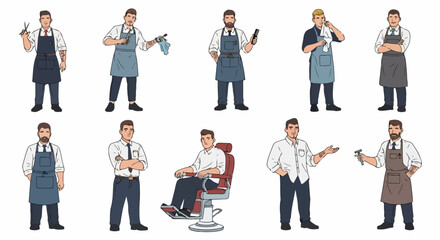 Obraz premium Set of ten professional male barbers and hair stylists illustrations in various poses with grooming tools isolated on white background.