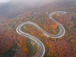 Top-down drone shot of the winding road winding through the autumn forest in Domanic, Kutahya