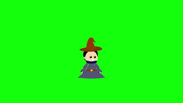 A 2D cartoon wizard character with a brown pointed hat and purple robe standing on a green screen. He raises his arms in surprise and then suddenly vanish into thin air, leaving an empty green screen.