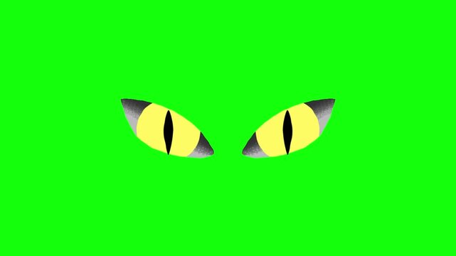 Animation of a pair of yellow cat eyes blinking slowly on a bright green screen background. Simple 2D vector style, vertical slit pupils.