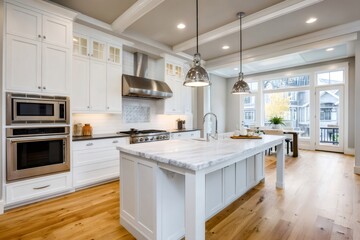 Fototapeta premium Modern kitchen interior design featuring large island and white cabinets