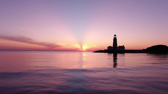A picturesque seascape at dawn with a lighthouse silhouette, serene water, and radiant sunrise