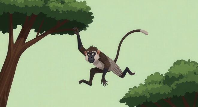 Playful Monkey Hanging from Tree Branch in a Bright Jungle Scene