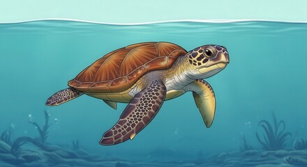 Fototapeta premium Underwater Scene Featuring a Sea Turtle Swimming Above Ocean Floor
